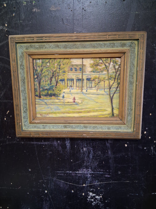 SMALL BROWN AND GREEN FRAMED IMPRESSIONIST STREET SCENE - SIGNED BALANCHY