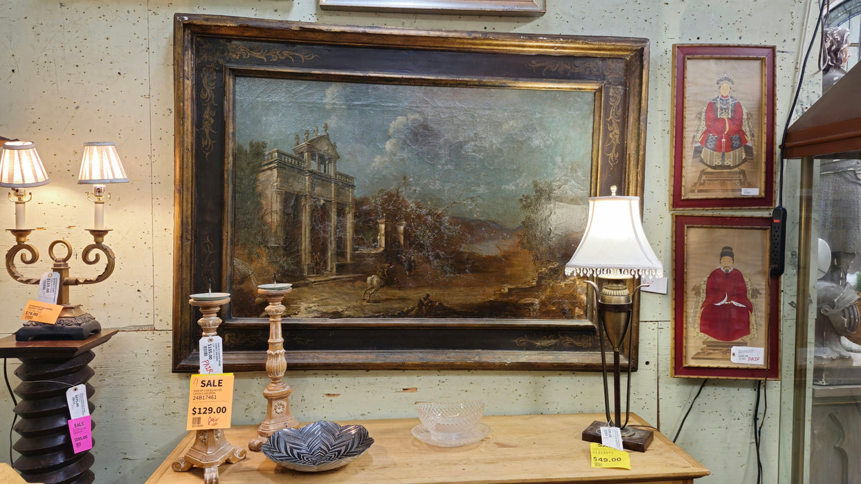 WO#625926 EARLY LARGE LANDSCAPE OIL PAINTING WITH RUINS