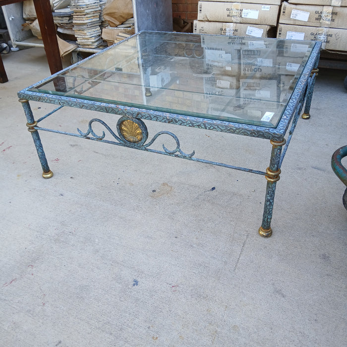 IRON AND GLASS TOP COFFEE TABLE