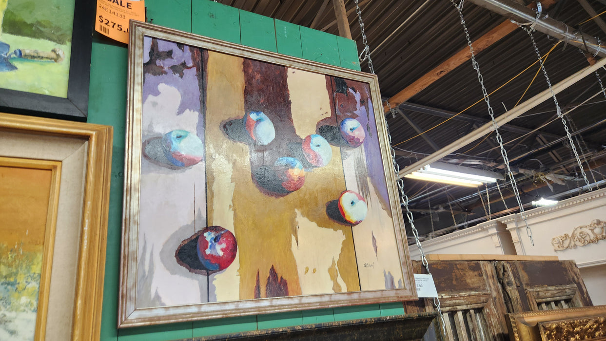 LARGE FRAMED SURREALIST OIL PAINTING OF APPLES