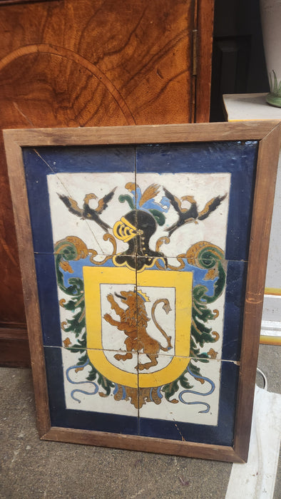FRAMED COAT OF ARMS TILE AS FOUND