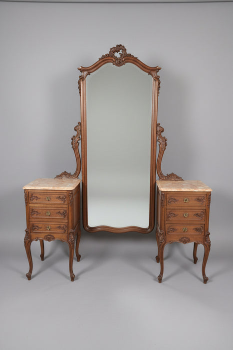 LOUIS XV BEDROOM SET, WITH BED, VANITY, PAIR OF NIGHTSTANDS AND 2 CHAIRS