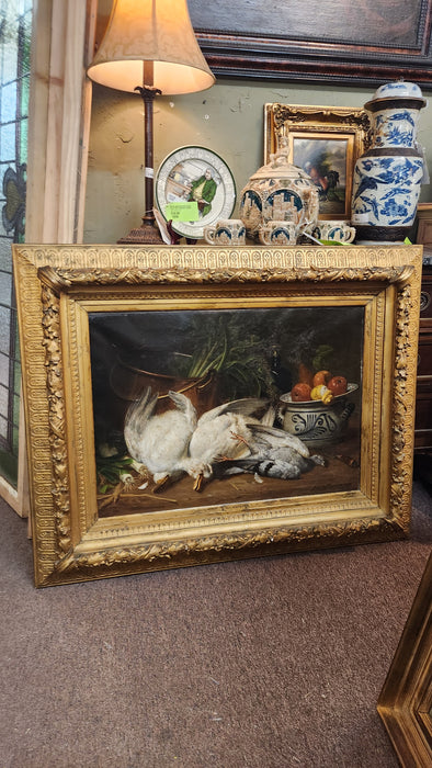 ORNATELY GILT FRAMED STILL LIFE MORT BIRDS OIL PAINTING ON CANVAS