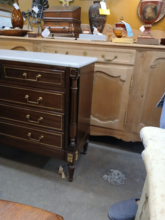 SHALLOW 5 DRAWER LOUIS XVI MAHOGANY MARBLE TOP CHEST WITH BRASS TRIM