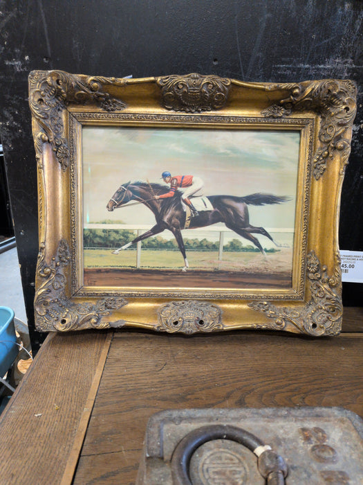 GILT FRAMED PRINT OF JOCKEY RIDING A HORSE