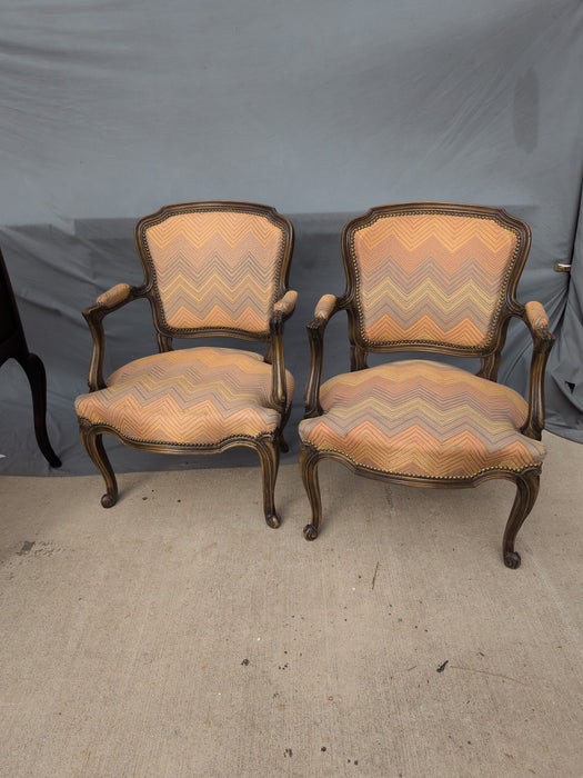 PAIR LOUIS XVI BEECH FAUTEUILS WITH AS FOUND FLAME STICH UPHOLSTERY