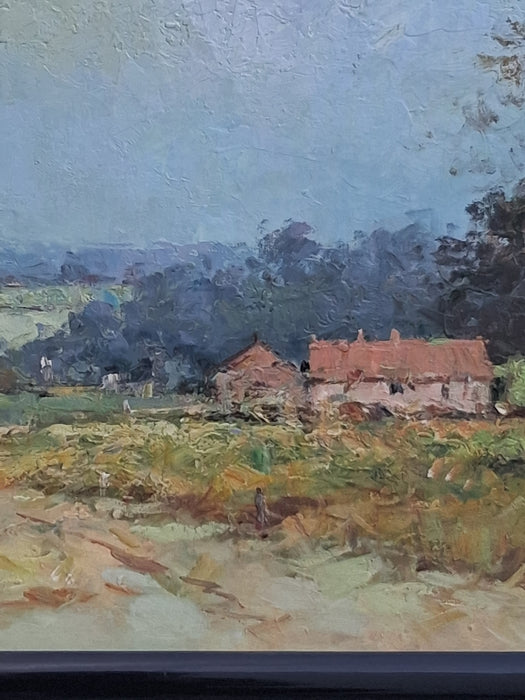 LARGE BLACK FRAMED OIL PAINTING OF A TREE AND RAMSHACKLE HOUSE