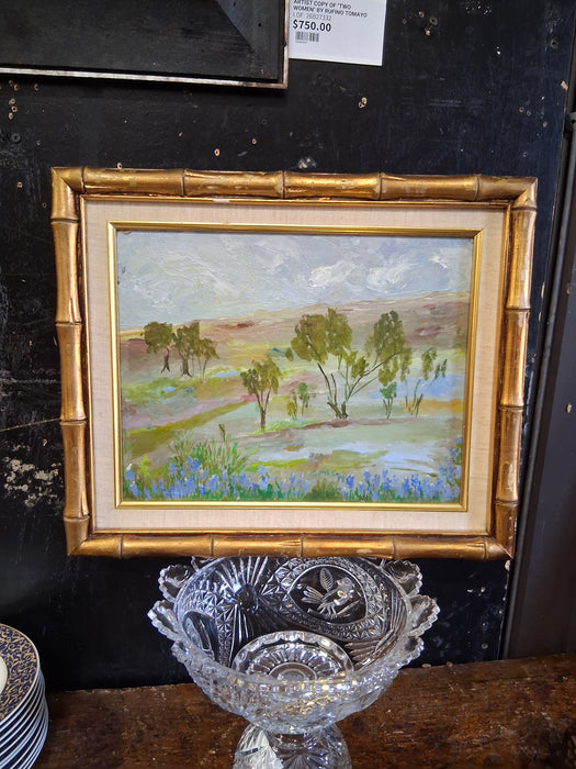 SMALL FAUX BAMBO FRAMED IMPRESSIONIST OIL PAINTING OF TREES