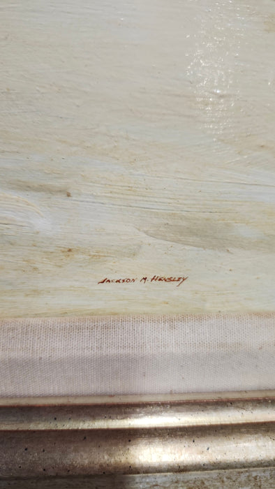 LARGE FRAMED YELLOW TONE LANDSCAPE OIL PAINTING WITH BARN SIGNED JACKSON HENSLEY