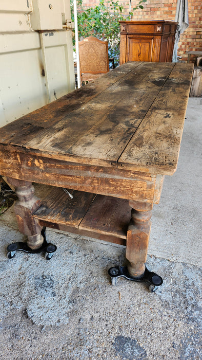 LONG LOW WORK TABLE WITH DRAWERS AND STRETCHER SHELF