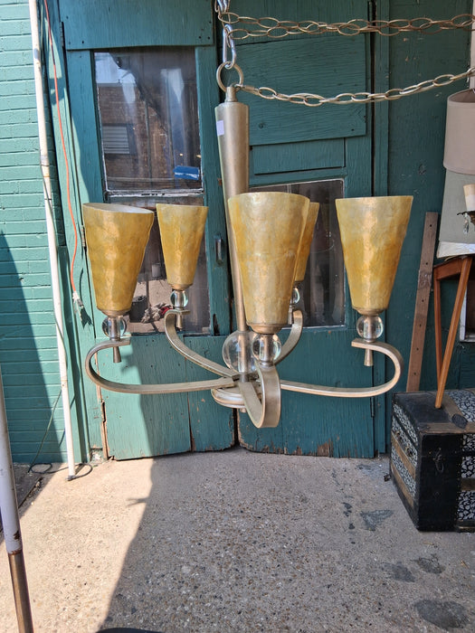 5 LIGHT MODERN SILVER CHANDELIER WITH GOLD GLASS SHADES