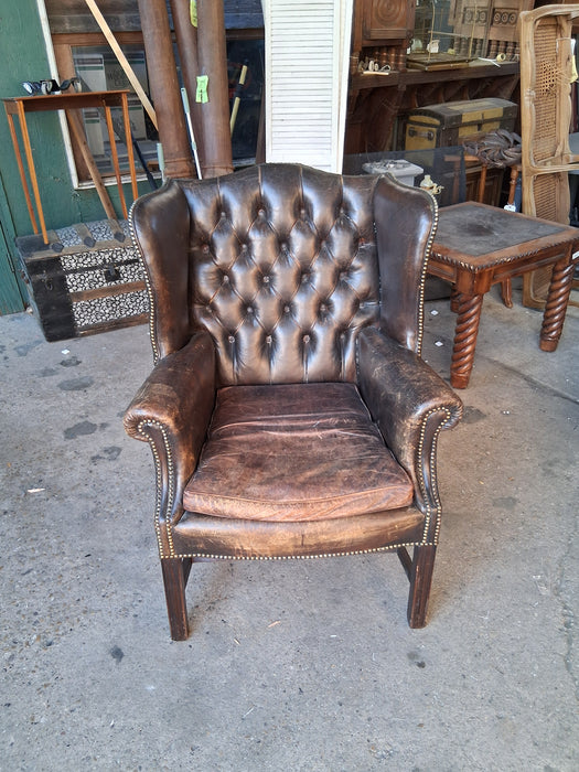 DISTRESSED LEATHER WINGBACK CHINESE CHIPPENDALE CHAIR