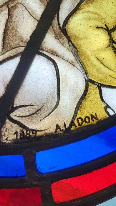 SQUARE RELIGIOUS PAINTED AND STAINED GLASS WINDOW*SIGNED AND DATED 1889 ALADON