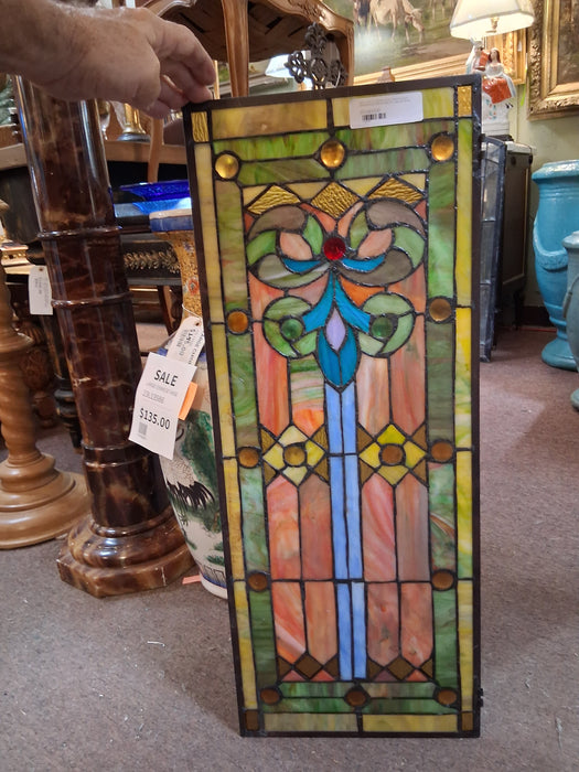 SMALL MULTI -COLOR DECO STAINED GLASS WINDOW WITH GREEN AND YELLOW AND BLUE