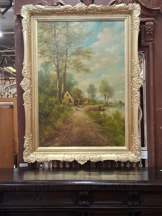 GILT FRAMED OIL PAINTING OF CHICKENS ALONG THE RIVER BANK AN A MAN IN A BOAT