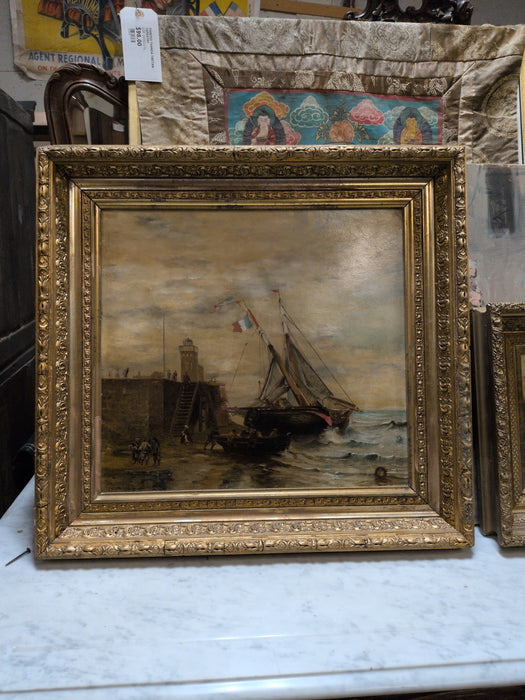 GOLD FRAMED OIL PAINTING OF BOATS AT PORT