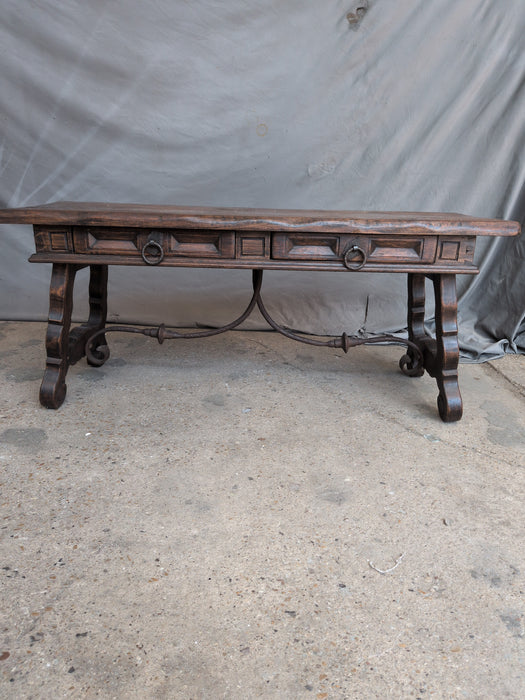 LOW DARK OAK SPANISH BAROQUE IRON STRECHER TABLE WITH DRAWERS