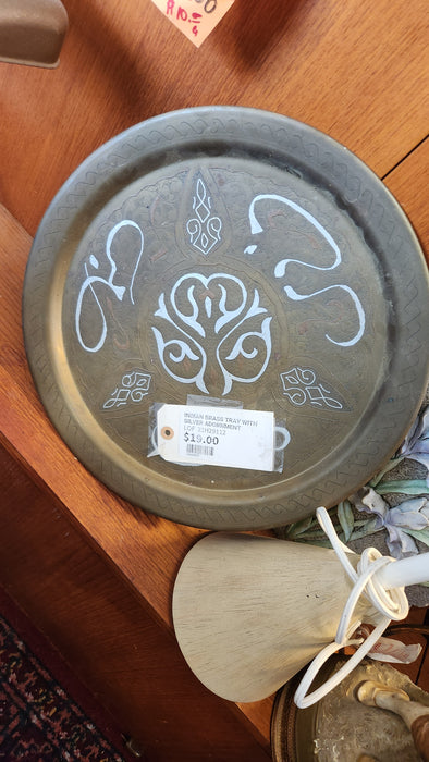 INDIAN BRASS TRAY WITH SILVER ADORNMENT