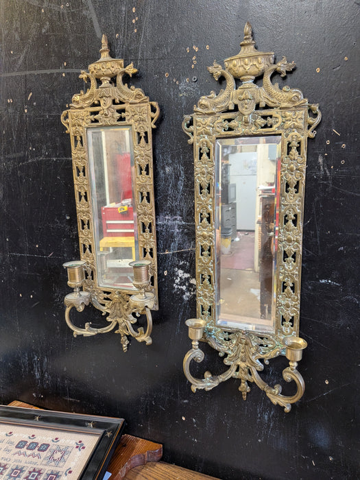PAIR OF ORNATE MIRRORED BRASS SCONCES