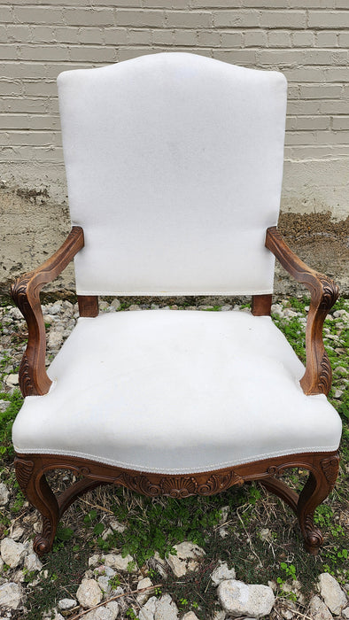 MUSLIM COVERED FRENCH ARM CHAIR WITH ACANTHUS CARVED ARMS