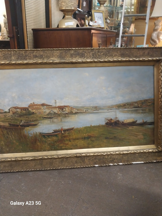FRAMED ITALIAN VILLAGE BY THE WATER OIL PAINTING AS FOUND