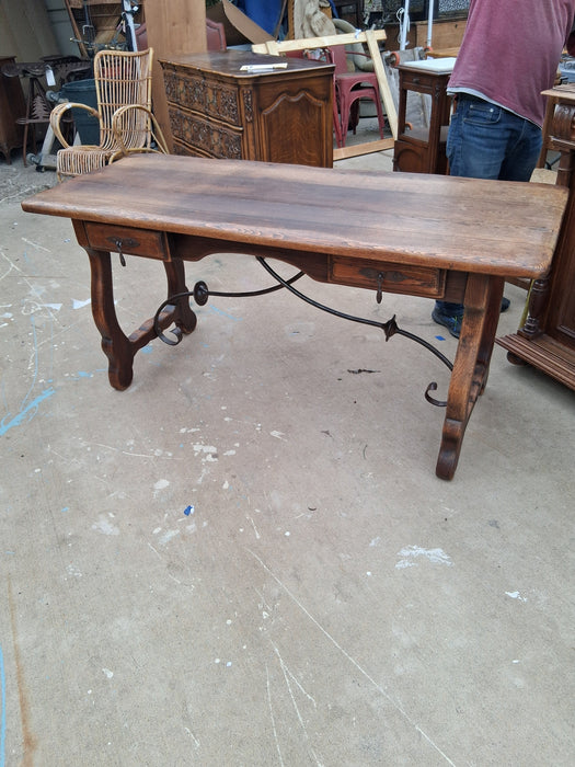 SPANISH OAK IRON BASE STRETCHER TABLE