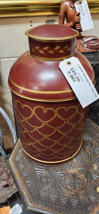 LARGE RED METAL TEA TIN