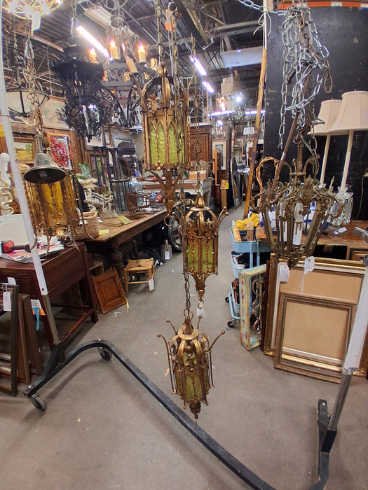 LARGE 3 LIGHT GOLD METAL AND GLASS GOTHIC CHANDELIER