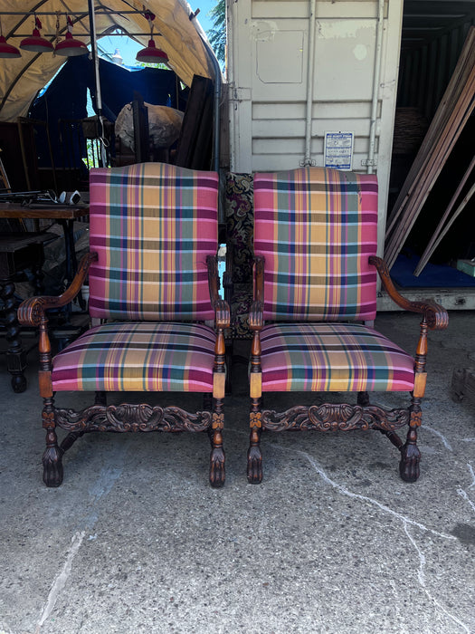 PAIR OF HIGH BACK PAW FOOT ARM CHAIRS-NOT OLD