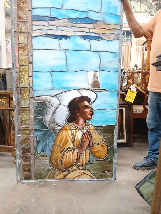 LARGE PAINTED AND STAINED GLASS WINDOW WITH ANGEL AS FOUND