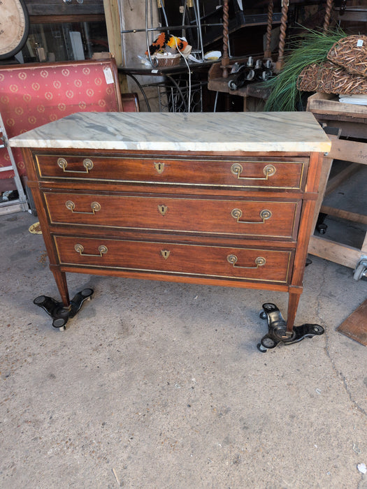 EARLY LOUIS XVI WHITE MARBLE TOP 3 DRAWER CHEST