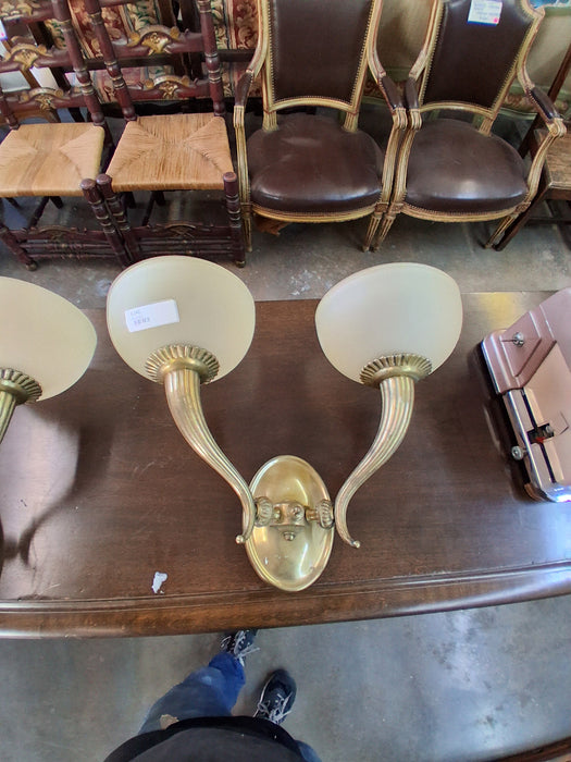 PAIR OF BRASS 2 ARM SCONCES **MISSING ONE GLASS SHADE**