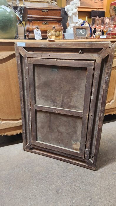 GOLD FRAMED VERTICAL OIL PAINTING OF LADY IN WOODS