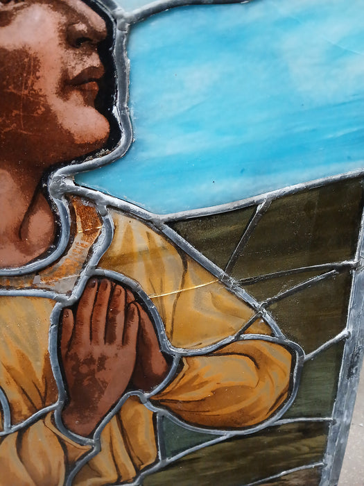 LARGE PAINTED AND STAINED GLASS WINDOW WITH ANGEL AS FOUND