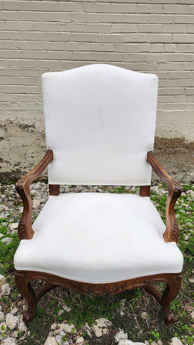MUSLIM COVERED FRENCH ARM CHAIR WITH ACANTHUS CARVED ARMS