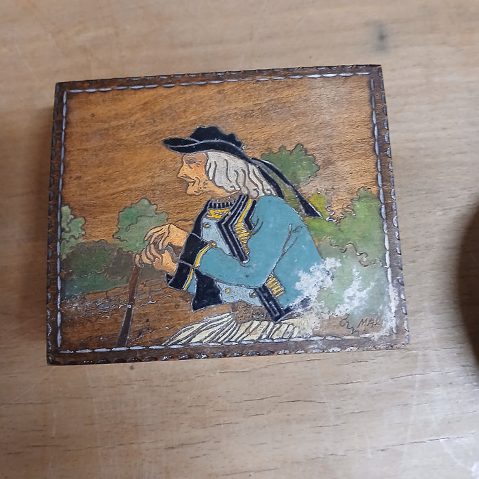 SMALL WOOD BOX WITH A PAINTED MAN WITH CANE