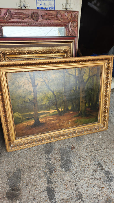 LARGE GILT FRAME SYLVAN OIL PAINTING AS FOUND
