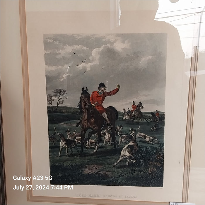 ENGLISH HUNT SCENE COLORED ENGRAVING PRINT "HOLD"