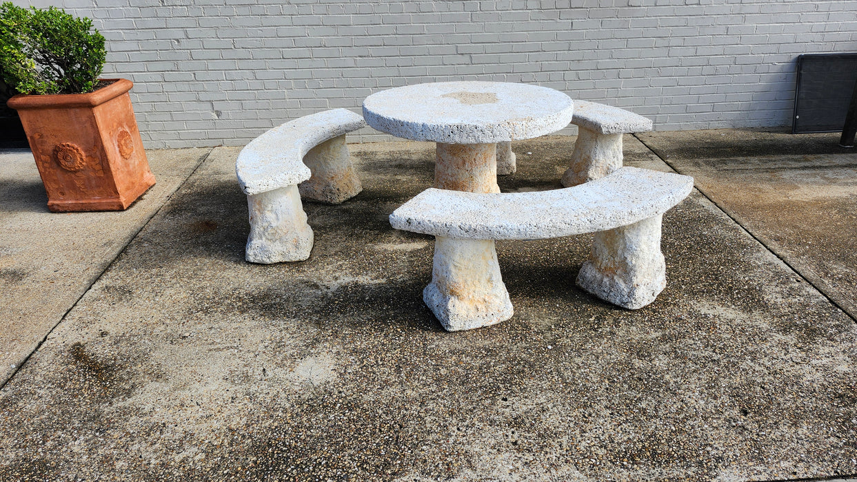 COMPOSITION GARDEN TABLE AND THREE CONCRETE BENCHES