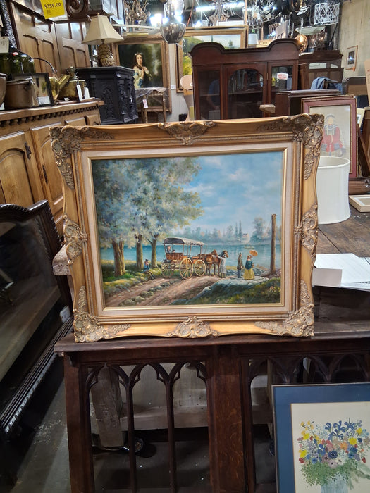 GILT FRAMED LANDSCAPE OIL PAINTING OF A HORSE DRAWN WAGON
