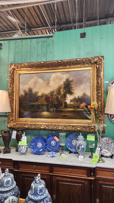 LARGE WATER MILL OIL PAINTING IN ORNATE GOLD FRAME