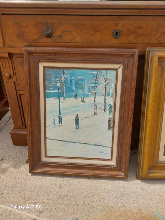 FRAMED WINTER URBANSCAPE OIL PAINTING