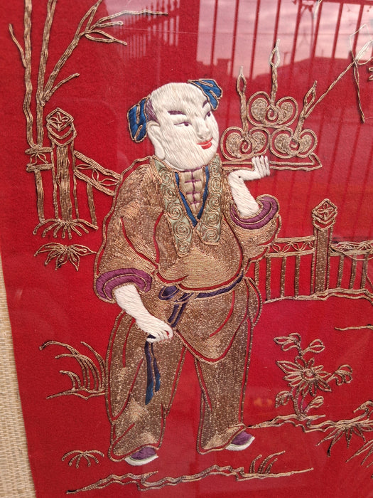 LARGE RED CHINESE SILK TEXTILE ART TAPESTRY