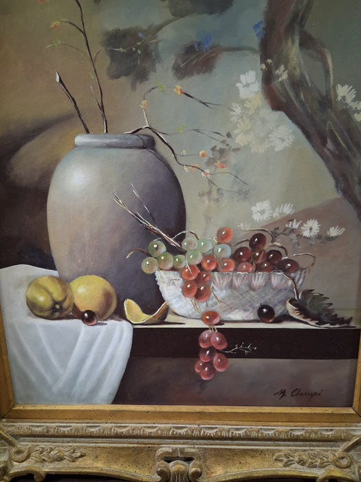 FRAME STILL LIFE WITH FRUIT AND CROCK OIL PAINTING