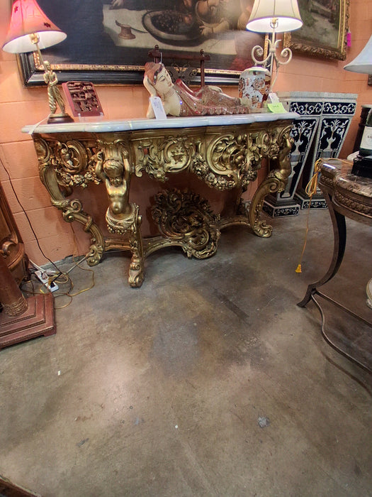 GILTWOOD CHERUB CONSOLE WITH MARBLE TOP
