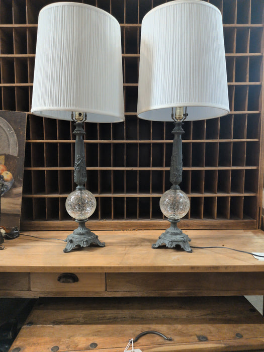 PAIR OF SPELTER WITH CRACKLE GLASS BALL LAMPS WITH SHADES