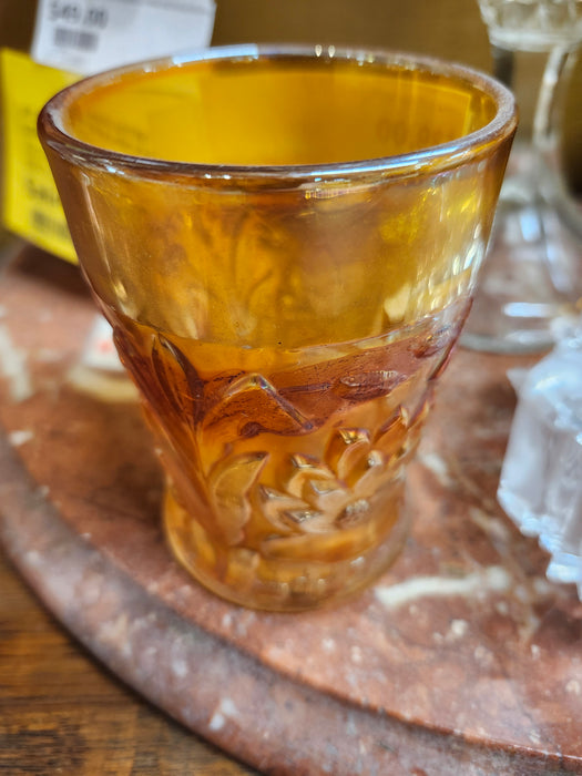 ORANGE CARNIVAL GLASS WITH LOTUS AND CATTAILS TUMBLER