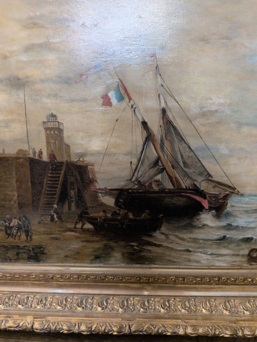 GOLD FRAMED OIL PAINTING OF BOATS AT PORT