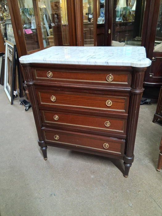 LOUIS XVI SMALL WHITE MARBLE TOP 4 DRAWER CHEST