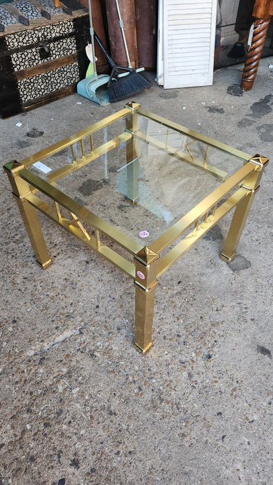 SQUARE BRASS BEVELED GLASS VINTAGE SIDE TABLE